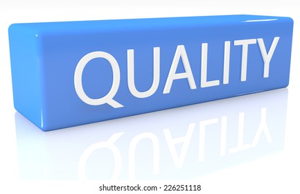 3d render blue box with text Quality on it on white background with reflection