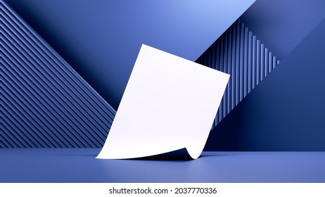 3d Render, Blue Business Geometric Background With White Page, Blank Document Mockup, Paper With Curled Corner, Modern Minimal Mockup