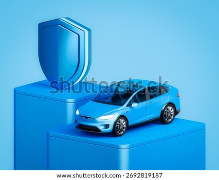 3D render of blue car with glowing finance symbols, representing futuristic car insurance, digital mobility, and smart investment in vehicles.