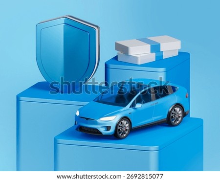 3D render of a blue car with shield and coin stacks, symbolizing financial protection, car insurance savings, and investment security.