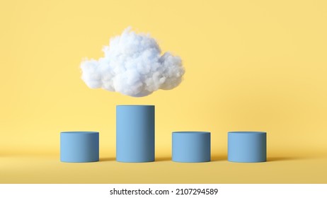 3d Render. Blue Chart With Cumulus Above The Highest Column, Isolated On Yellow Background. Abstract Minimal Scene. Success Concept, One Of A Kind, Business Metaphor