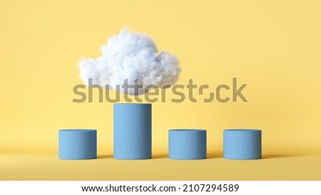 3d render. Blue chart with cumulus above the highest column, isolated on yellow background. Abstract minimal scene. Success concept, one of a kind, business metaphor