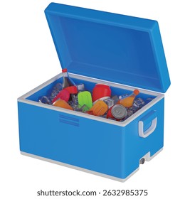3d render Blue cooler filled with ice and drinks for a hot summer da icon 