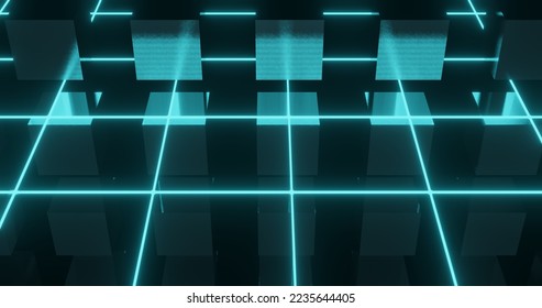 3d render with blue cubes with lasers and reflections