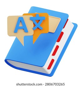 3D render of a blue dictionary book icon with speech bubbles showing letter A and Chinese character, representing language translation and global learning.