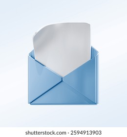 3d render blue envelope with a white letter peeking out, set against a light gradient background. The design symbolizes communication, messaging, email, and correspondence.