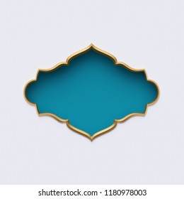 3d Render, Blue Gold Arabic Frame, Ornate Shape, Tribal Decor, Festive Greeting Card Template, Arabesque Design, Empty Banner, Isolated On White Background