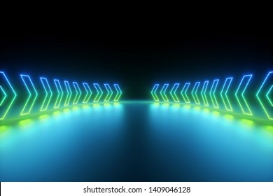 3d Render, Blue Green Glowing Neon Arrows Going Forward, Abstract Background, Direction Concept