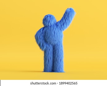 3d render, blue hairy yeti, cartoon character fluffy monster toy isolated on yellow background, standing pose. Colorful furry beast stands with hand up. Modern minimal concept