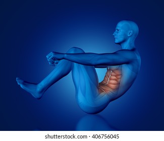 3D render of a blue medical figure with partial muscle map in sit up position