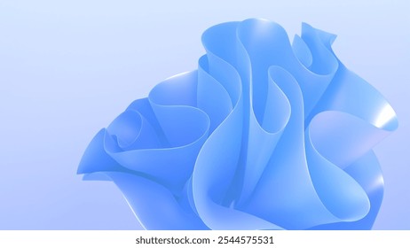 3D render of blue modern elegant abstract background with layered ribbon folds in light soft blue colors. Smooth organic wavy curves. Macro closeup of layered folded cloth. Flower shape quality  