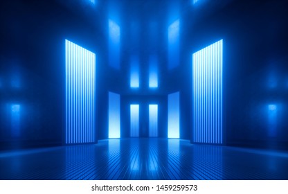 3d render, blue neon abstract background, ultraviolet light, night club empty room interior, tunnel or corridor, glowing panels, fashion podium, performance stage decorations,
