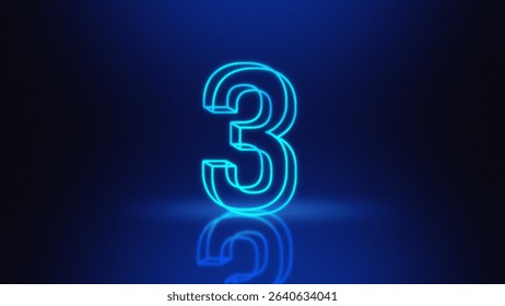 3d render, blue neon light number three glowing in the dark.	