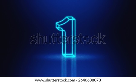 3d render, Blue neon light number one glowing in the dark.