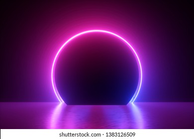 3d Render, Blue Pink Neon Round Frame, Circle, Ring Shape, Empty Space, Ultraviolet Light, 80's Retro Style, Fashion Show Stage, Abstract Background