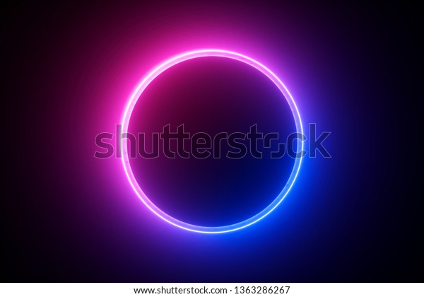 3d render, blue pink neon round
frame, circle, ring shape, empty space, ultraviolet light, 80's
retro style, fashion show stage, abstract
background