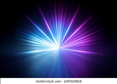 3d render, blue pink violet stage lighting, lens flare effect, shining star rays, abstract image of disco lights, glowing neon light, over black background