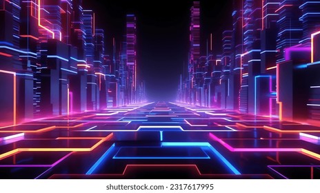 3d render, blue pink violet neon abstract background, ultraviolet light, night club empty room interior, tunnel or corridor, glowing panels, fashion podium, performance stage decorations,