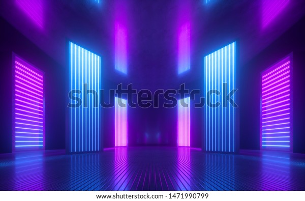 3d\
render, blue pink violet neon abstract background, ultraviolet\
light, night club empty room interior, tunnel or corridor, glowing\
panels, fashion podium, performance stage\
decorations,