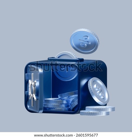 3D render of a blue safe with gold coins inside and around it, symbolizing financial security, investment, and savings. Modern, minimalistic banking and wealth concept.