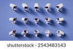 3d render. A blue wall with rows of security cameras pointing to the center, video surveillance. Metaphor of total control.