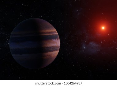 3D Render Of A Blue And White Striped Gas Giant Exoplanet Near His Red Dwarf Star With The Milky Way In The Background