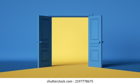 3d render, blue yellow background with double doors opening. Architectural design element. Modern minimal concept. Opportunity metaphor