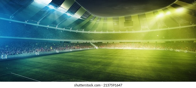 3D render. Blue and yellow. Stadium and neoned colorful flashlights background. Poster, flyer with modern colors. Concept of sport, competition, winning, action. Empty area for championships, ad