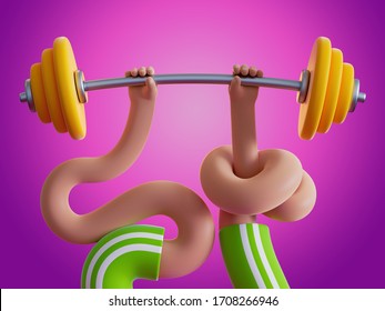 3d render boneless knotted cartoon hands hold heavy barbell, isolated on pink background. Weight lifting. Bodybuilding exercise. Extraordinary funny surrealistic clip art, unusual sport motivation