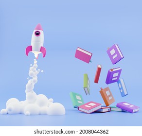 3D Render, Book And Rocket Blue Background.