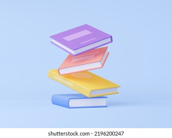 3d Render Books Flying Or Falling On Blue Background. Colorful Volumes Floating In Air, Library Archive, Fair Or Readers Event, Back To School Concept With Literature Volumes. 3D Illustration