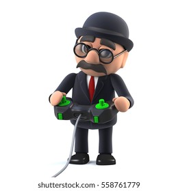 3d render of a bowler hatted British businessman playing a videogame.