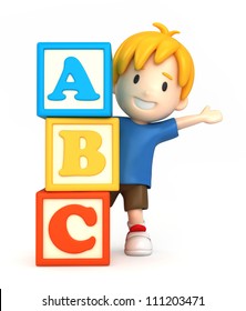 3d Render Of A Boy And Blank Building Blocks