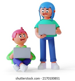 3d Render Boy And Girl Carrying Laptop For Online Study