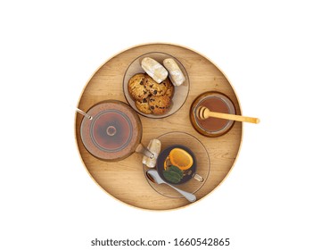 3d render of breakfast, tea and honey