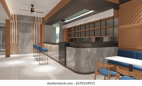 3D Render of Bright Cafe Interior with Natural Light and Wooden Accents