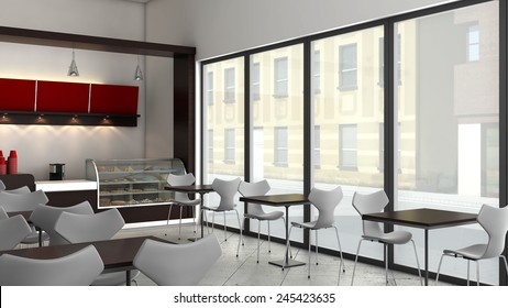 3D Render Of Bright Coffee Shop Interior