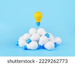 3d render bright glowing lightbulb over pile of white lamps. Digital concept of creative idea, challenge, invention, power of education, thinking or imagination, Cartoon illustration. 3D Illustration