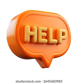 A 3D render of a bright orange speech bubble with the word 