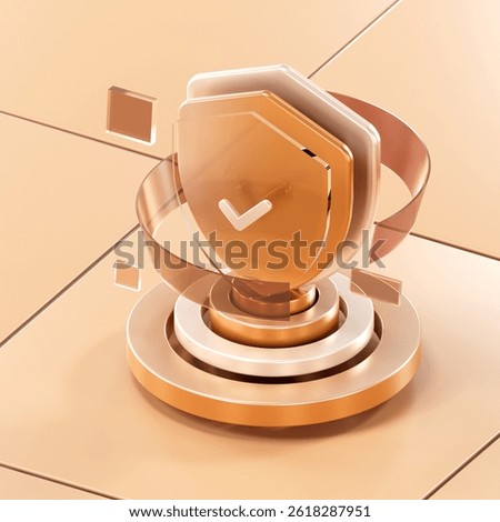 3D render of a bronze gold security shield with a checkmark, floating in a geometric futuristic layout. Represents cybersecurity, protection, or trust.
