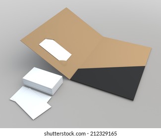 3D render brown & black folder with business card socket in isolated background