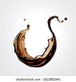 3d render, brown liquid splash, tea or coffee splashing beverage, wavy jet clip art isolated on white background.
