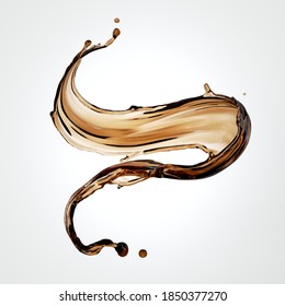 3d render, brown liquid splash, splashing tea or coffee drink, wavy jet clip art isolated on white background.