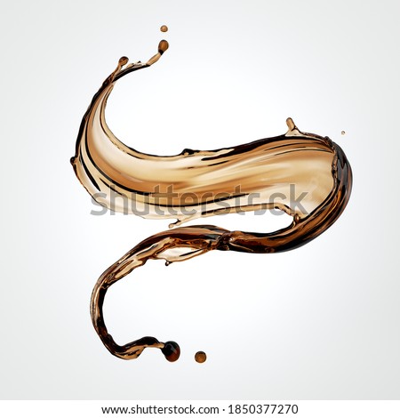 3d render, brown liquid splash, splashing tea or coffee drink, wavy jet clip art isolated on white background.