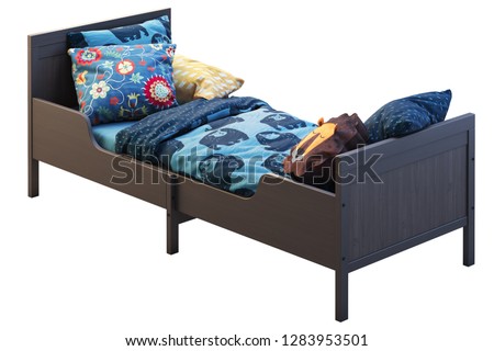 3d render of brown wood pull-out children's bed on white background. Scandinavian interior. Bedding set