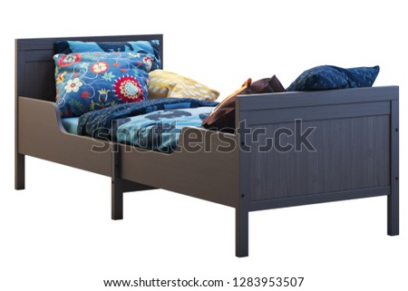 3d render of brown wood pull-out children's bed on white background. Scandinavian interior. Bedding set