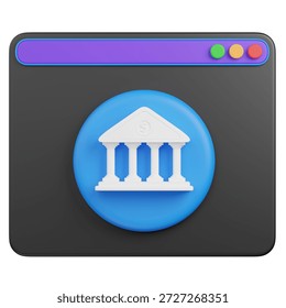 3D render Browser Window with Bank Icon for Online Banking and Finance