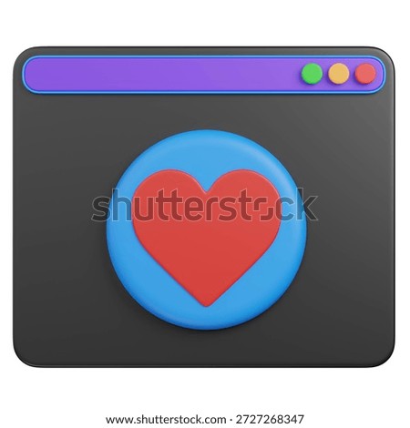 3D render Browser Window with Heart Icon for Favorite Content 