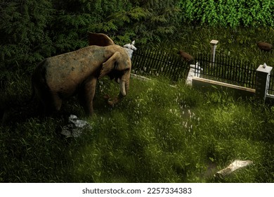 3D render of buffalos grazing  in marshy ground while  the border  wall being stamped down by an elephant