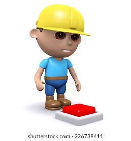 3d render of a builder looking at a red button set in the floor